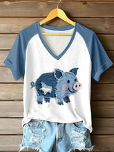 Frauen niedliches Schwein Patchwork Kunst V-Ausschnitt T-Shirt